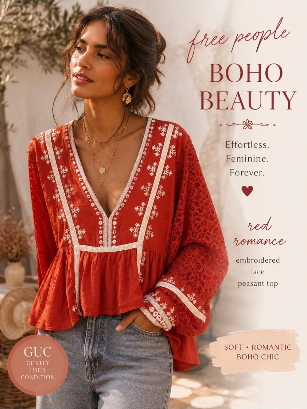 Free People Boho Embroidered Lace Peasant Top Retro  Cottagecore Blouse SZ M